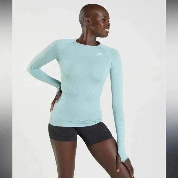 Gymshark Vital Seamless 2.0 Long Sleeve Top Pearl Blue Marl - Picture 1 of 11